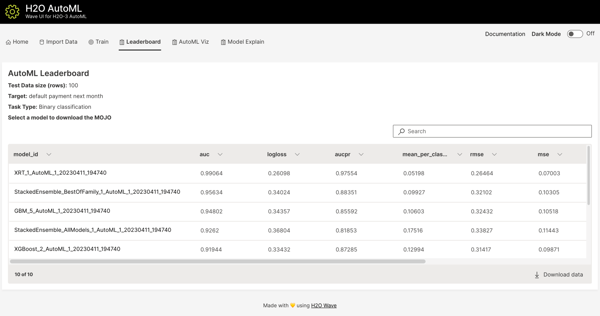 UI sample of H2O.ai, autoML open source tool