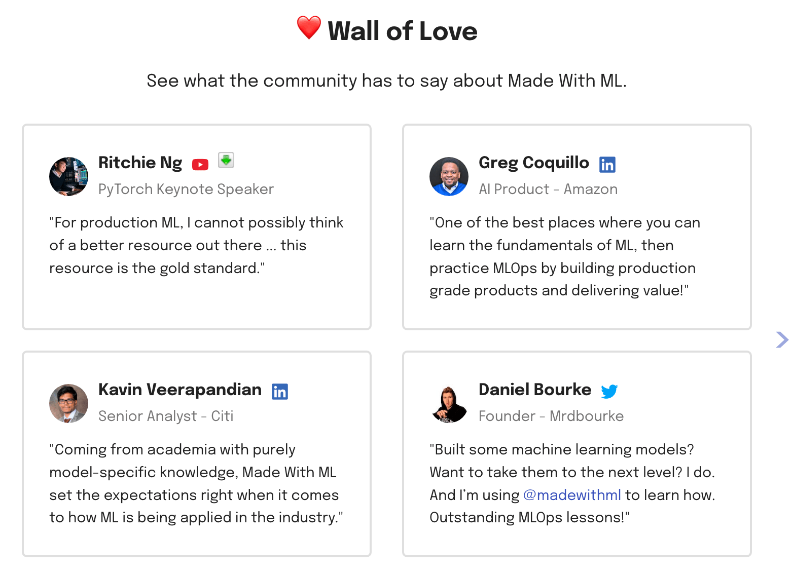 The "wall of love”  of the Made With ML’s MLOps Course.