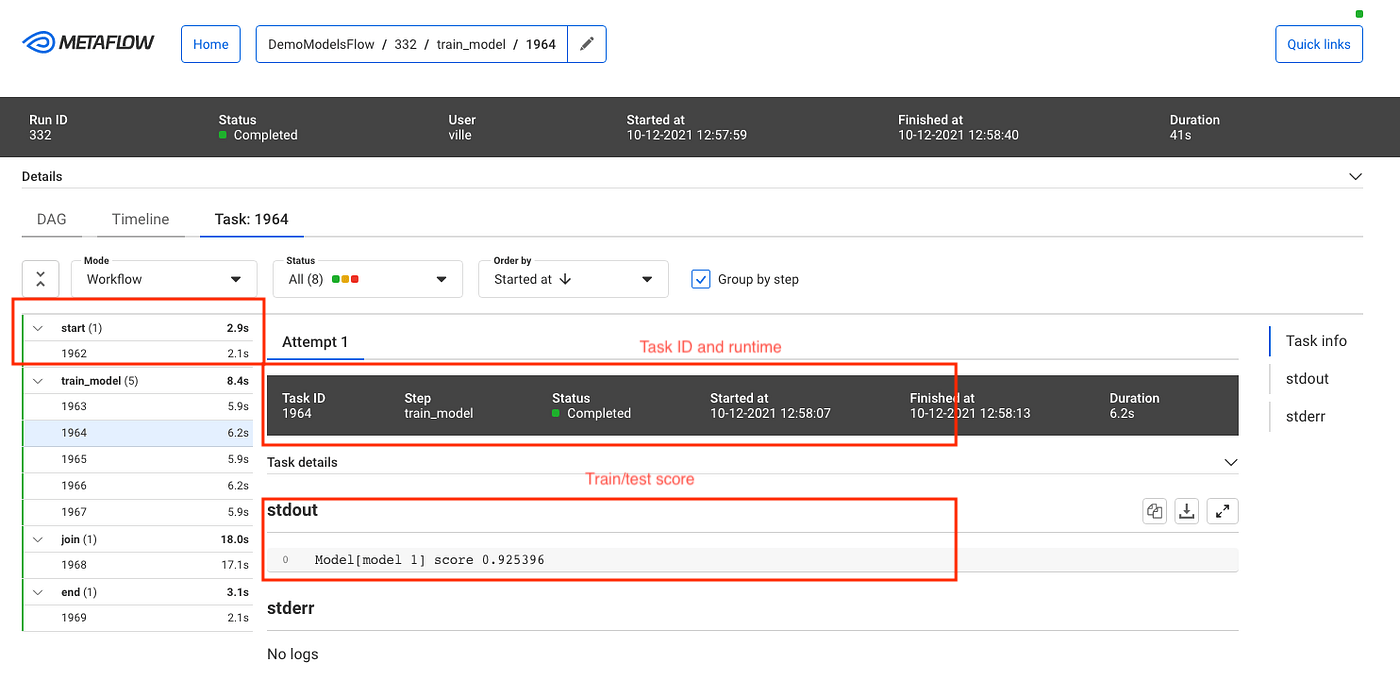 UI of one of the MLflow alternatives: Metaflow
