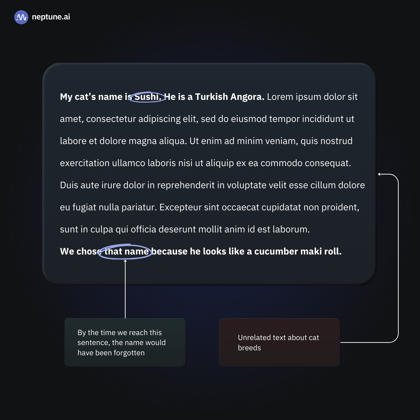 The word ‘Sushi’ in the first sentence is referenced in the last sentence, with a large number of words in between. Thus, understanding the phrase “that name” in the last sentence requires the first sentence for context.