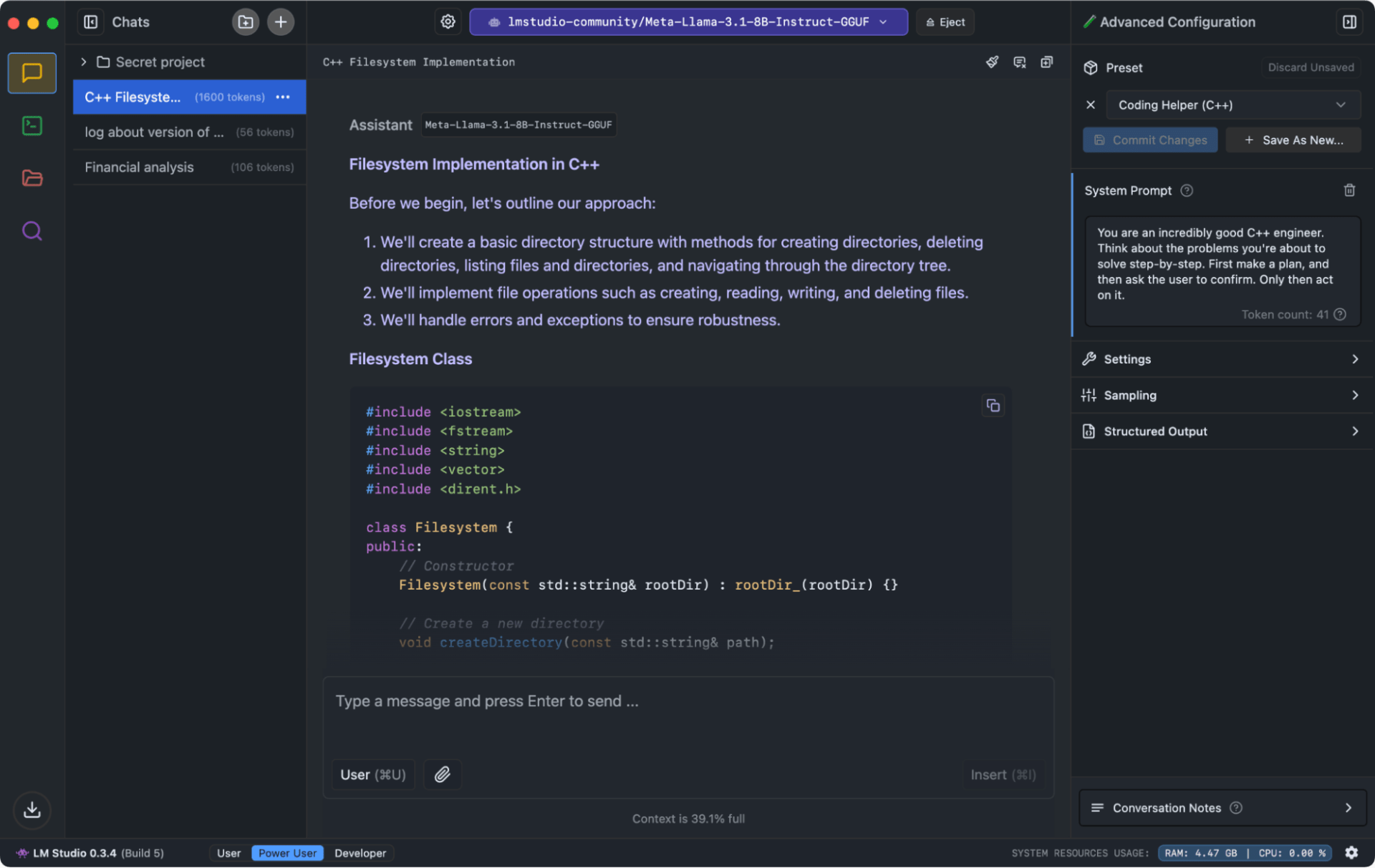 The easy-to-use interface of LM Studio. Here, the central pane shows the chat interface connected to an instruction-tuned Llama 3.1 8B model. In the right-hand sidebar, LM Studio exposes the system prompt and other inference configuration options. In the lower right-hand corner, users can monitor the resources used by LM Studio and the running LLMs.
