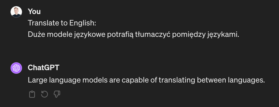 Screenshot of the ChatGPT interface. Chat is easily translating a sentence from Polish to English.